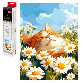 Алмазная мозаика Кот и ромашки, размер: 30x40см